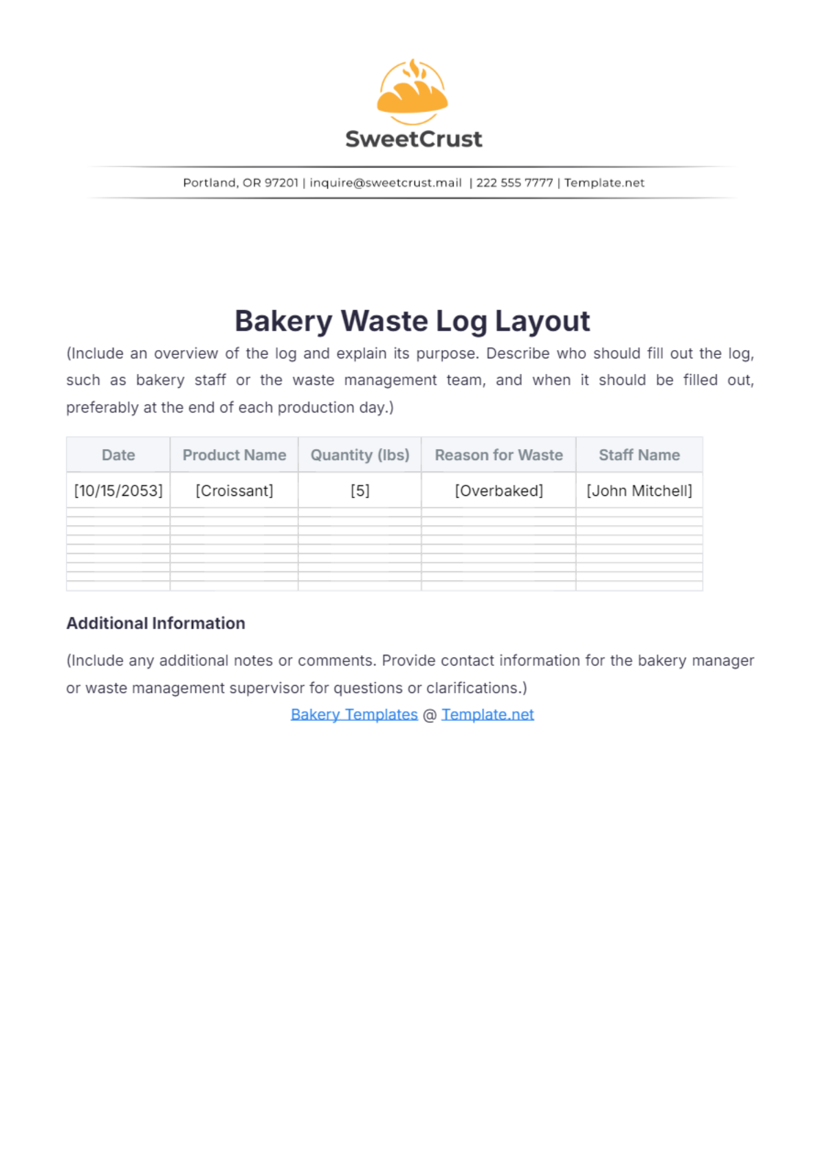 Bakery Waste Log Layout Template - Edit Online & Download