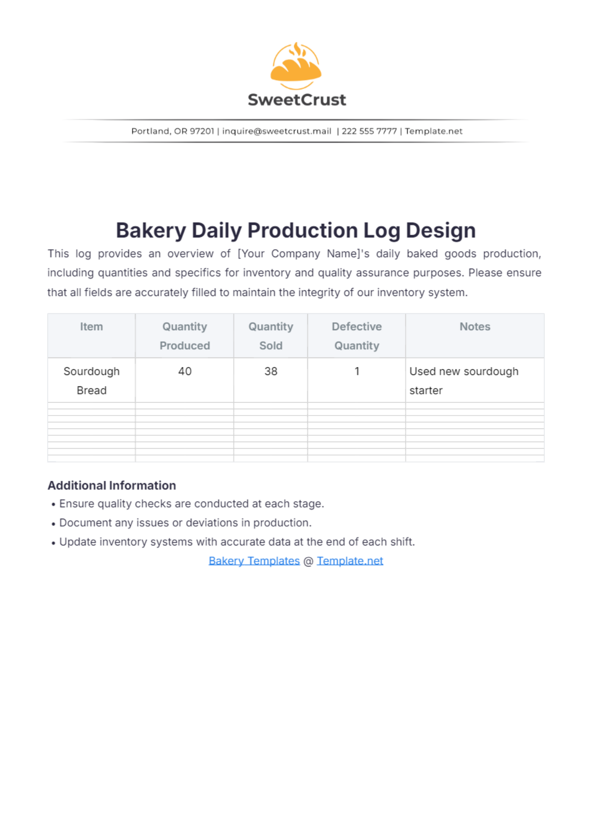 Bakery Daily Production Log Design Template - Edit Online & Download