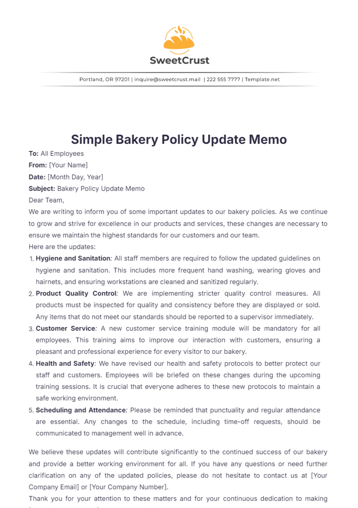 Simple Bakery Policy Update Memo Template - Edit Online & Download