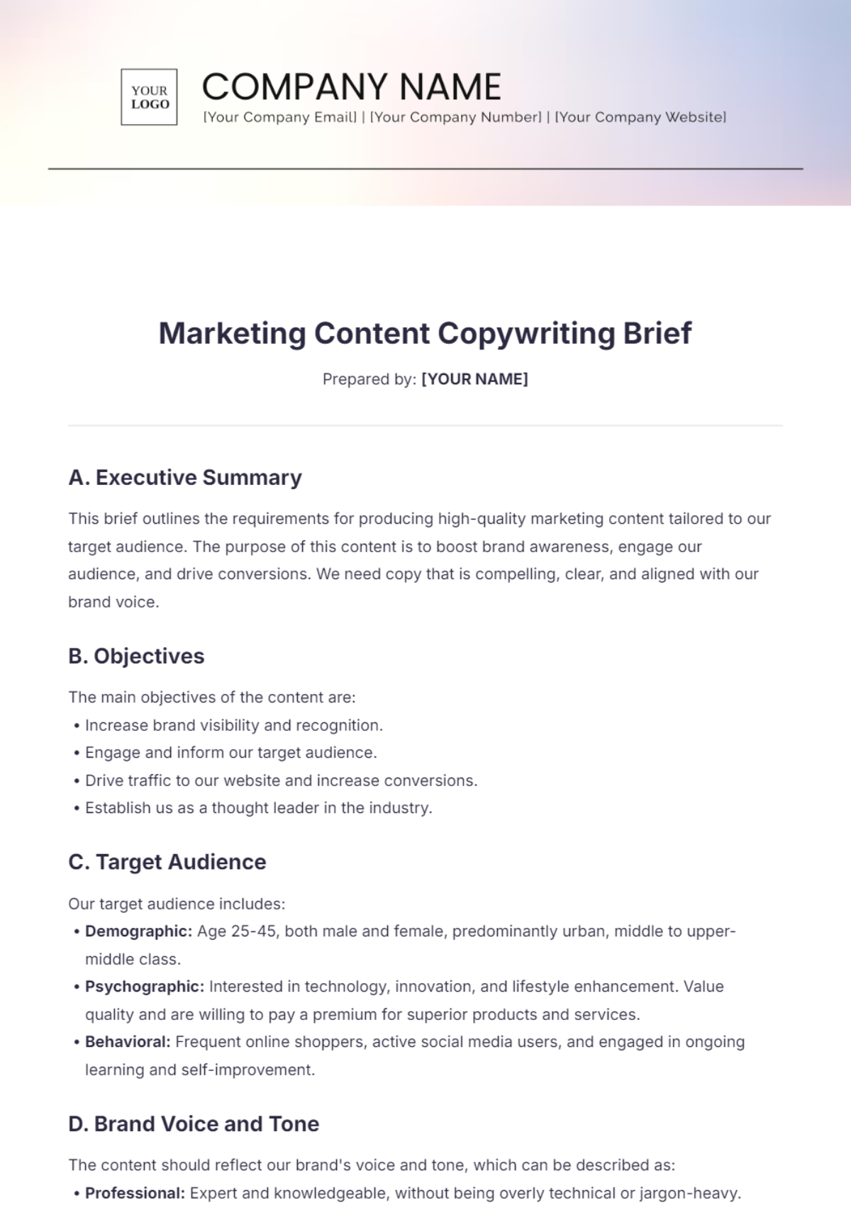 Marketing Content Copywriting Brief Template - Edit Online & Download