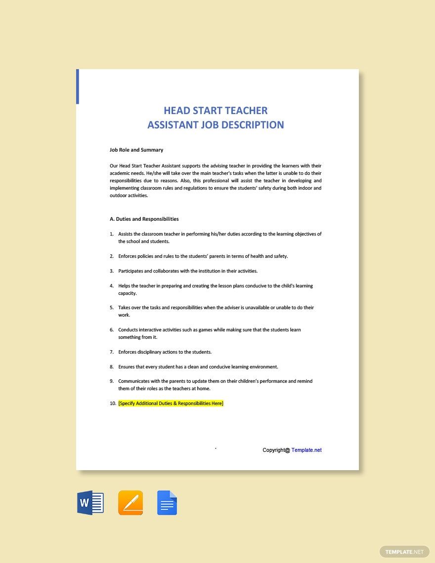 Head Start Teacher Assistant Job AD/Description Template