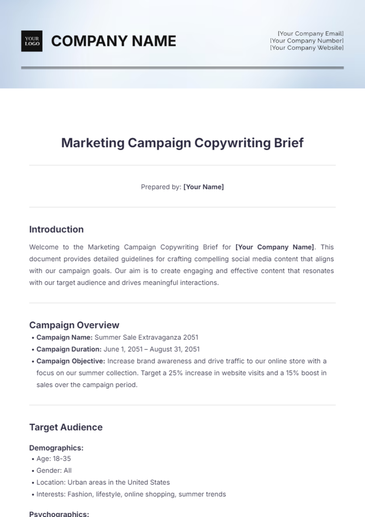 Marketing Campaign Copywriting Brief Template - Edit Online & Download