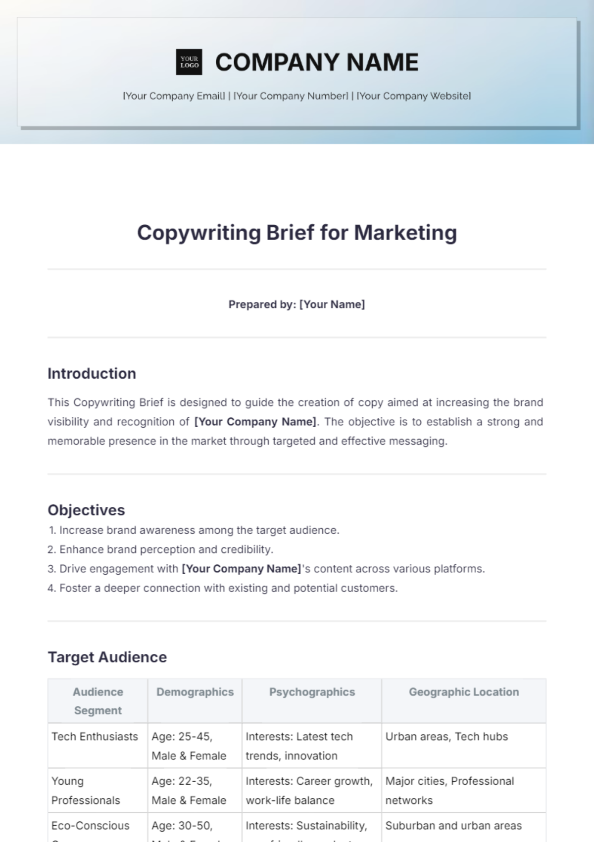 Copywriting Brief for Marketing Template - Edit Online & Download