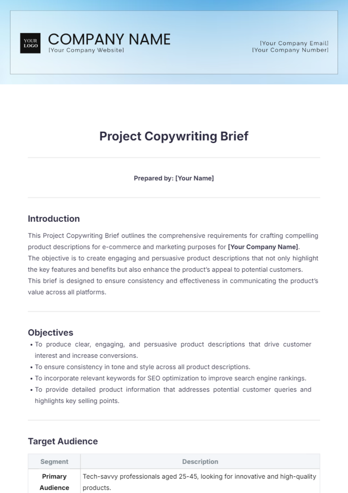 Project Copywriting Brief Template - Edit Online & Download