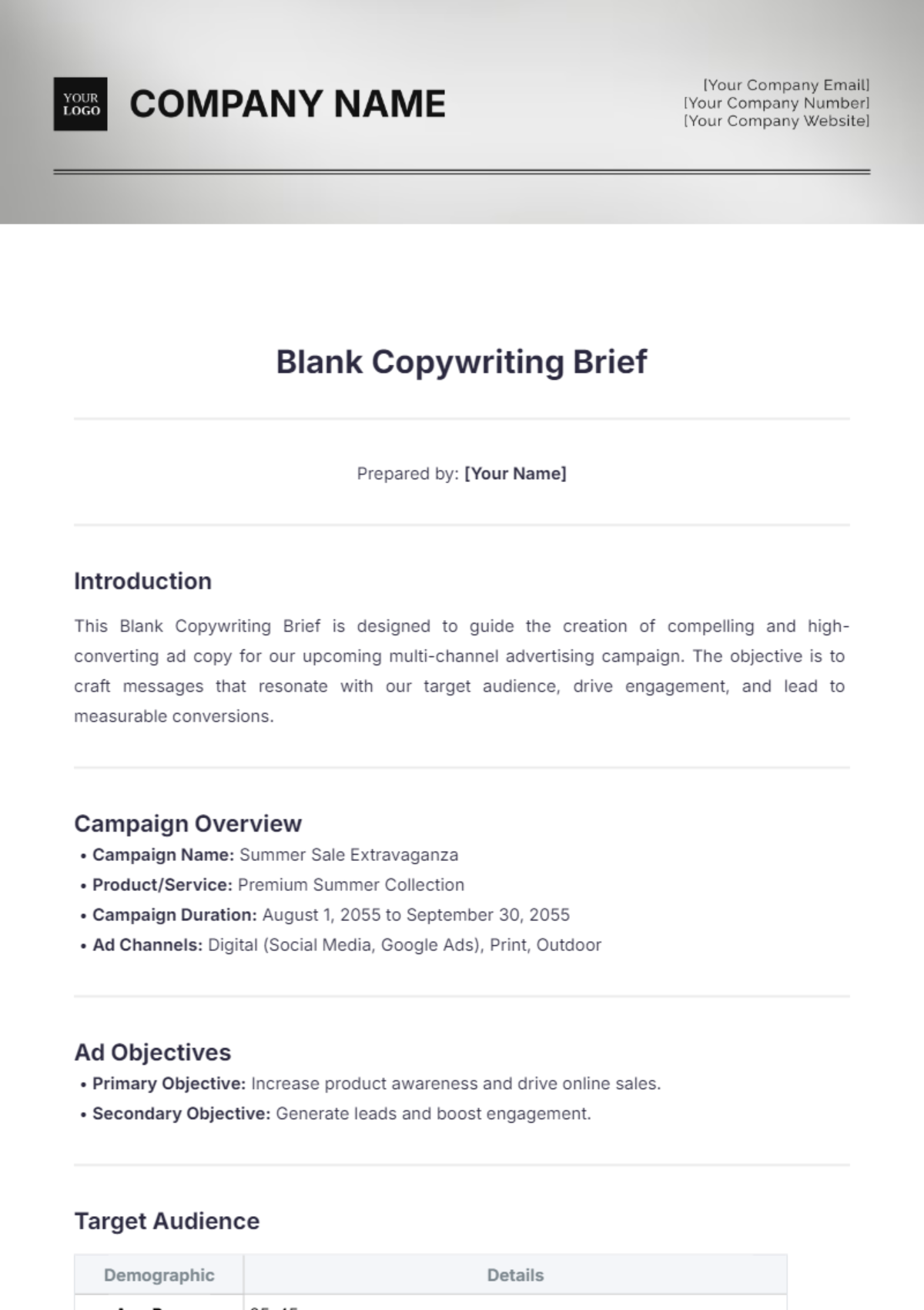 Blank Copywriting Brief Template - Edit Online & Download