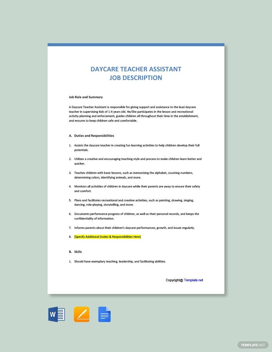 Daycare Teacher Assistant Job AD Description Template Download In 