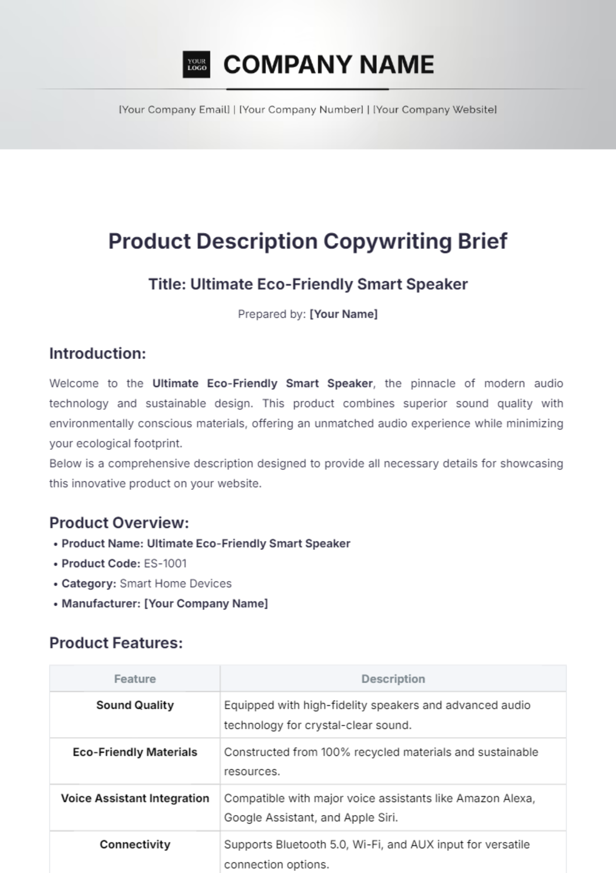 Product Description Copywriting Brief Template - Edit Online & Download