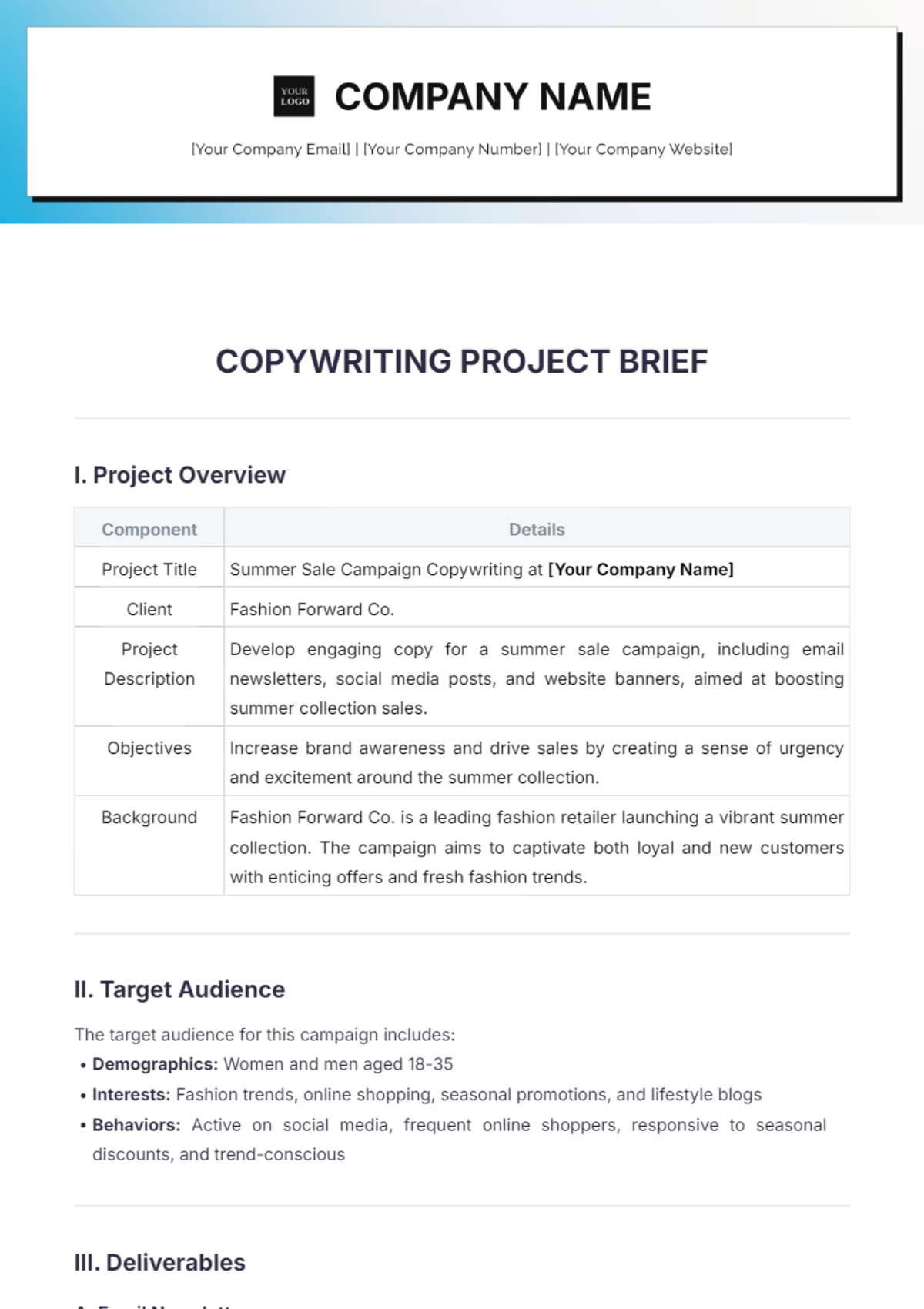 Copywriting Project Brief Template - Edit Online & Download