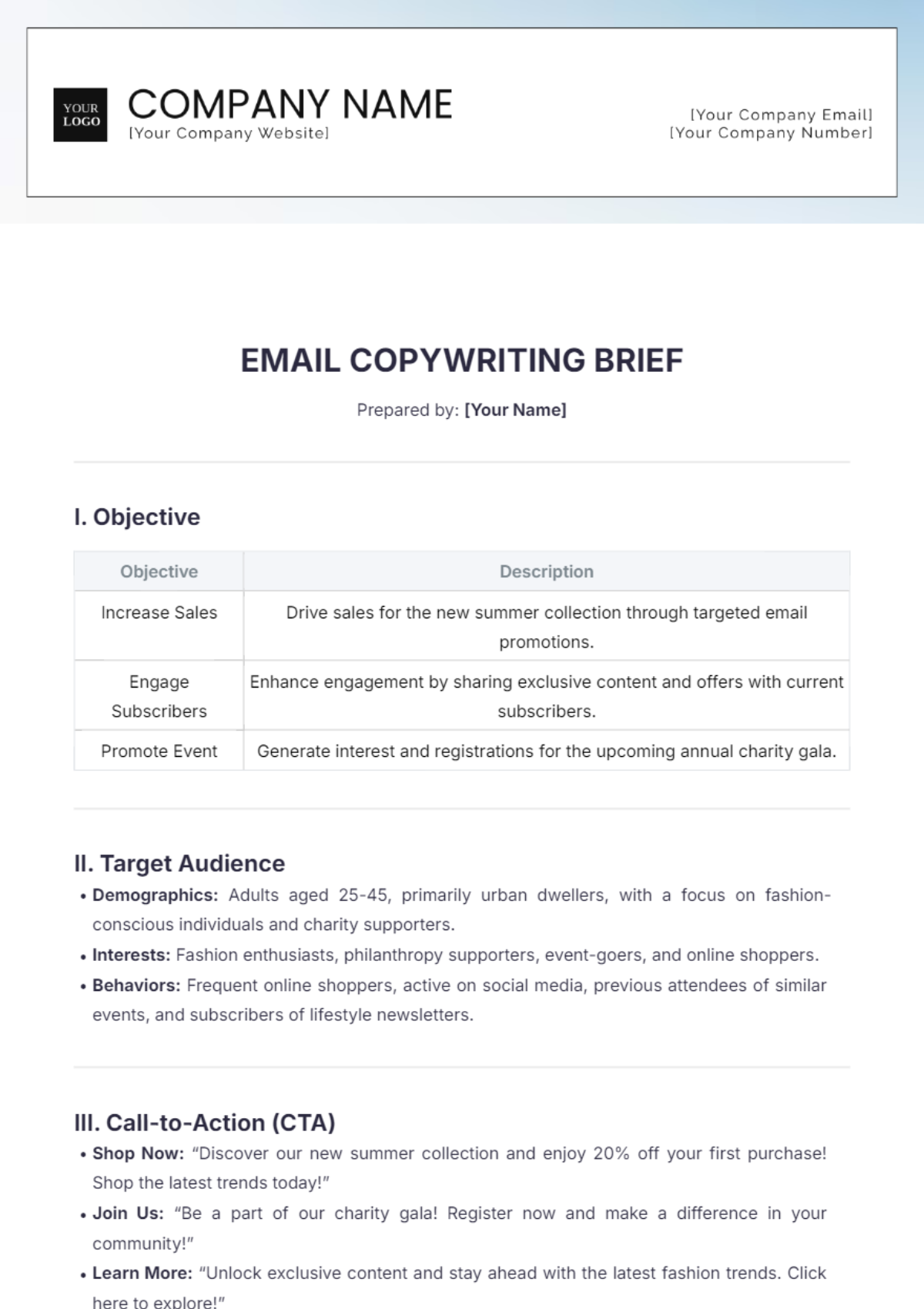 Email Copywriting Brief Template - Edit Online & Download