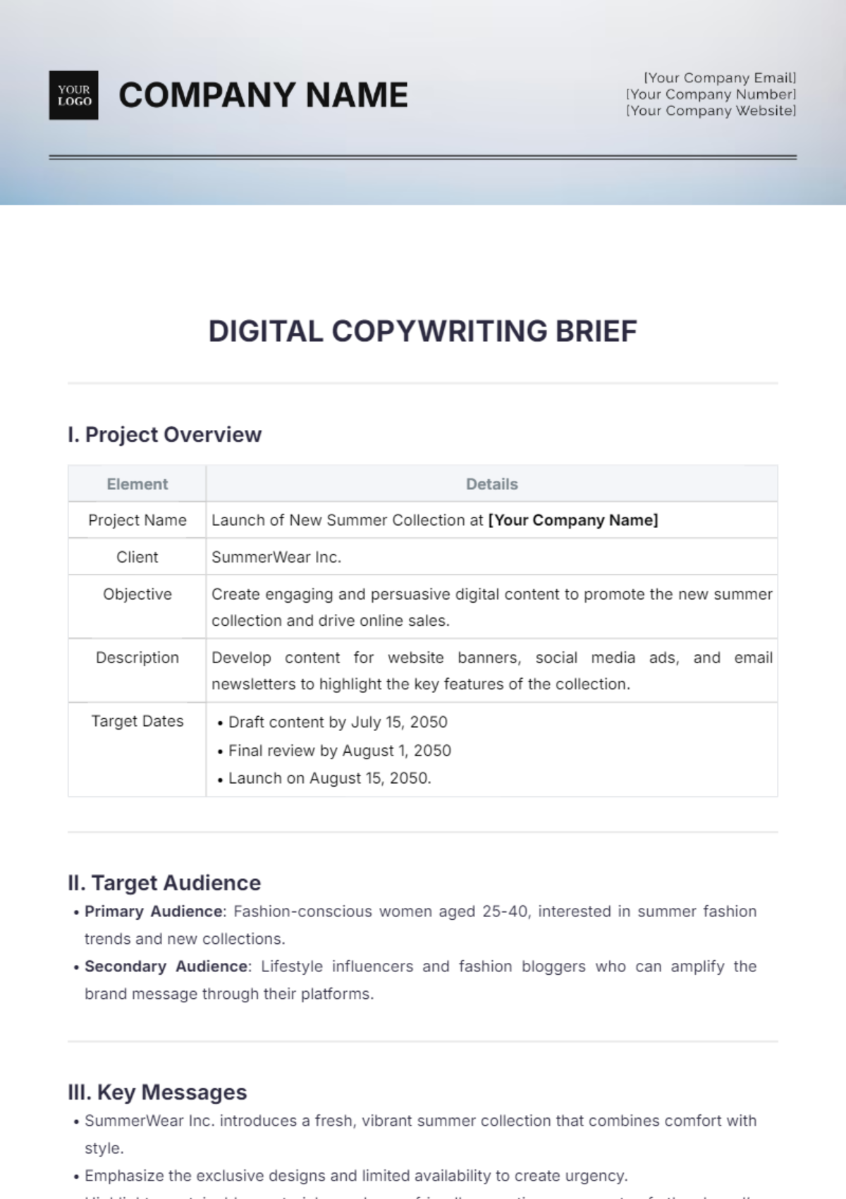 Digital Copywriting Brief Template - Edit Online & Download