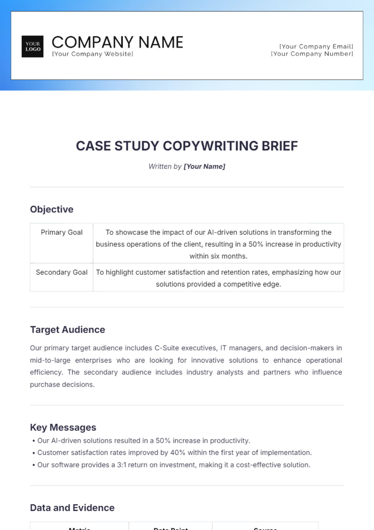 Case Study Copywriting Brief Template - Edit Online & Download