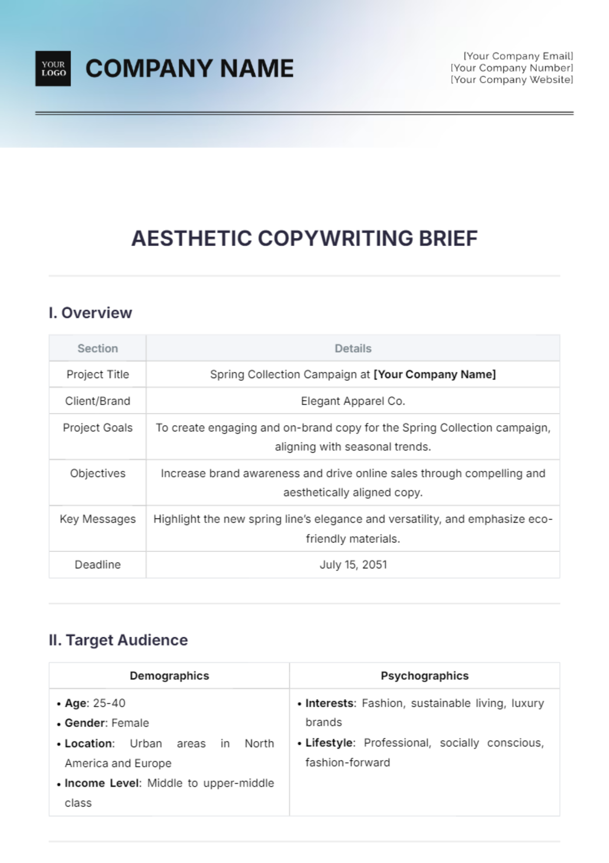 Aesthetic Copywriting Brief Template - Edit Online & Download