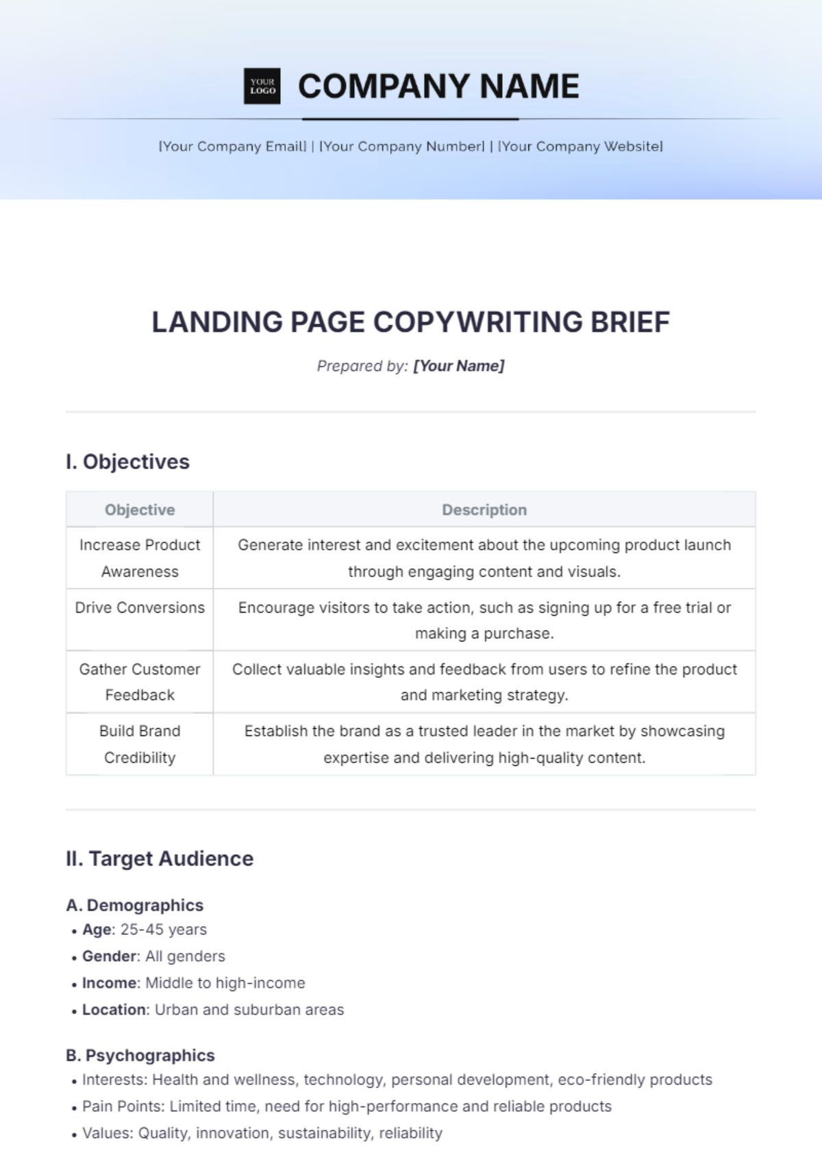 Landing Page Copywriting Brief Template - Edit Online & Download