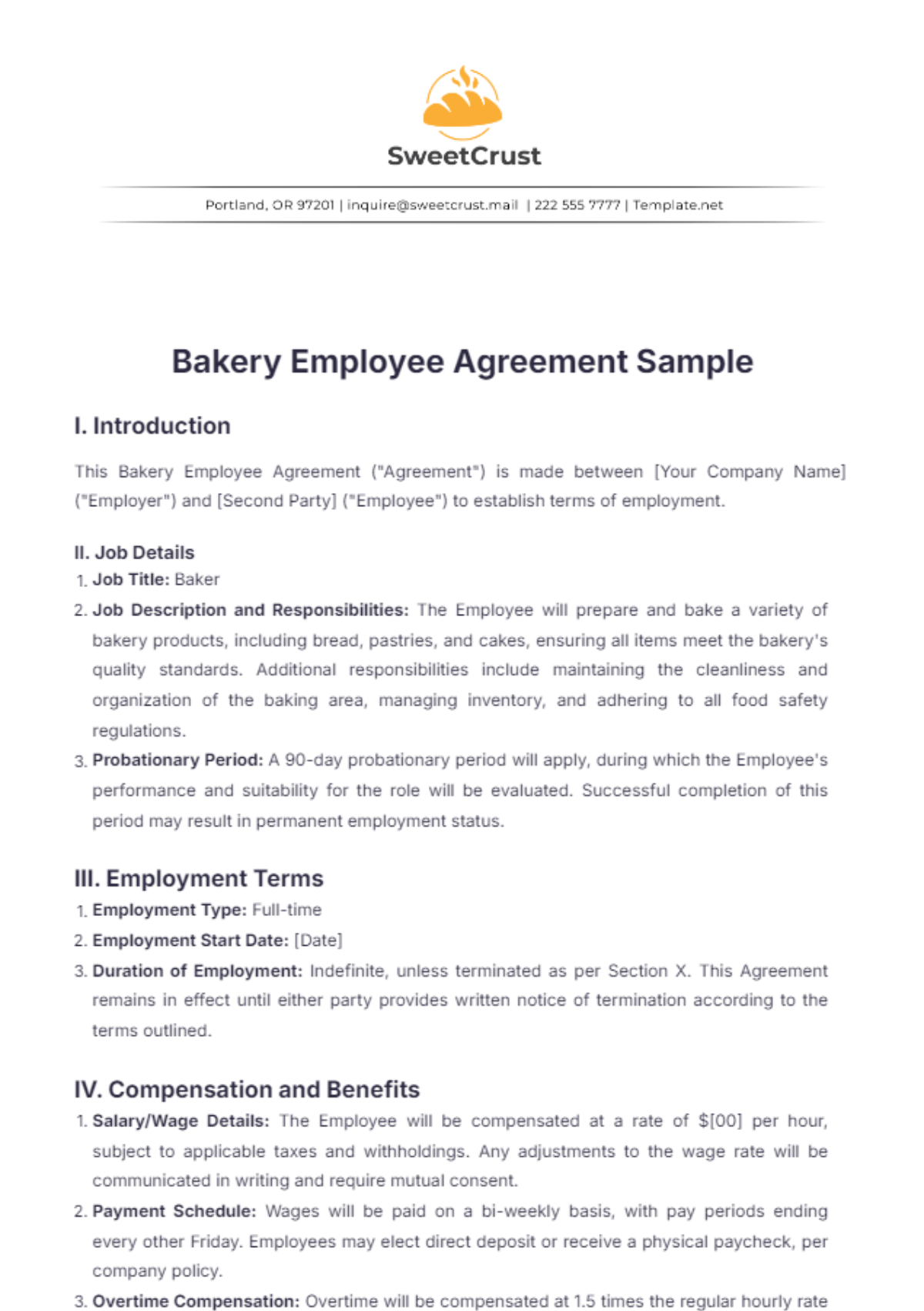 Bakery Employee Agreement Sample Template - Edit Online & Download