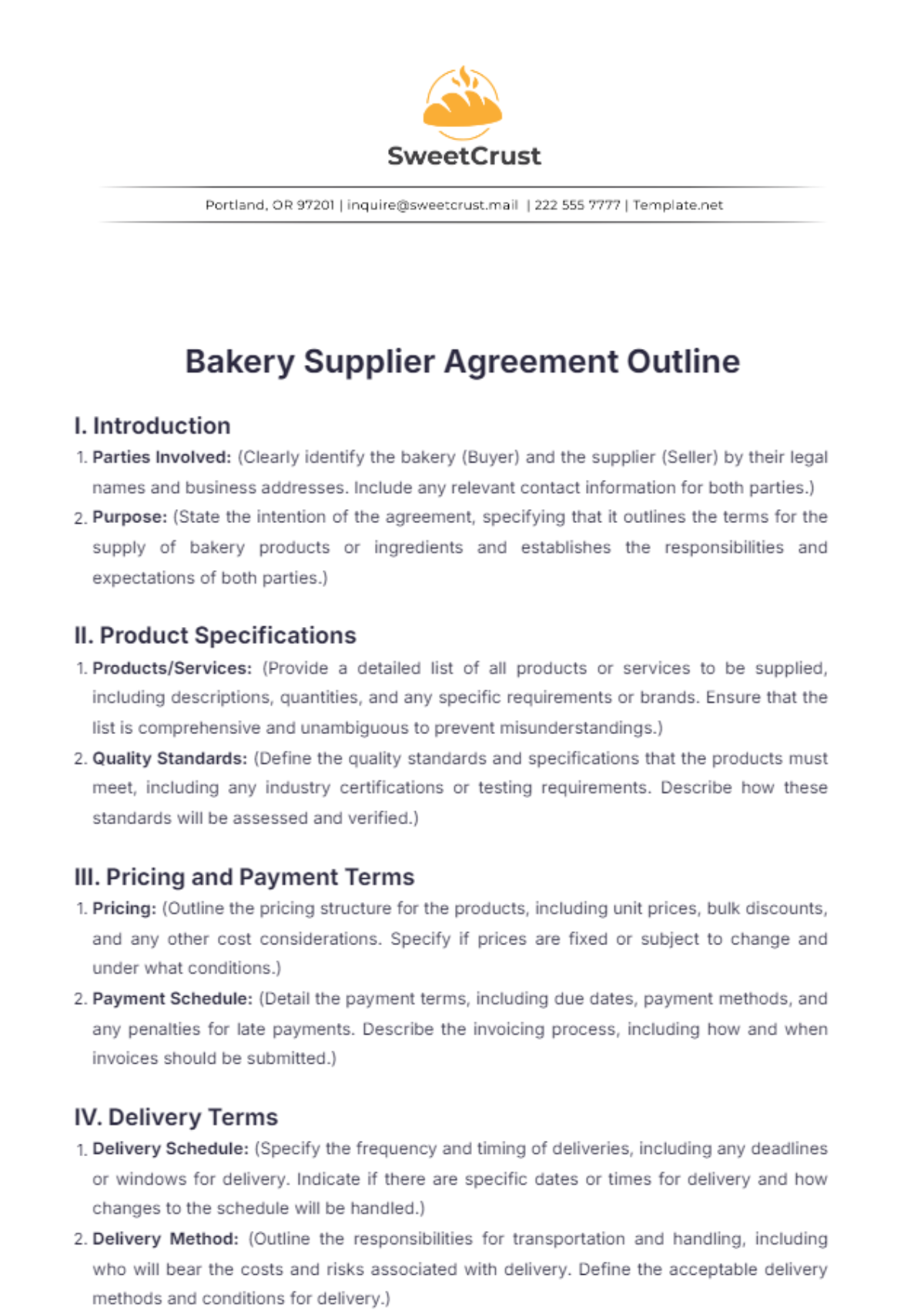 Bakery Supplier Agreement Outline Template - Edit Online & Download