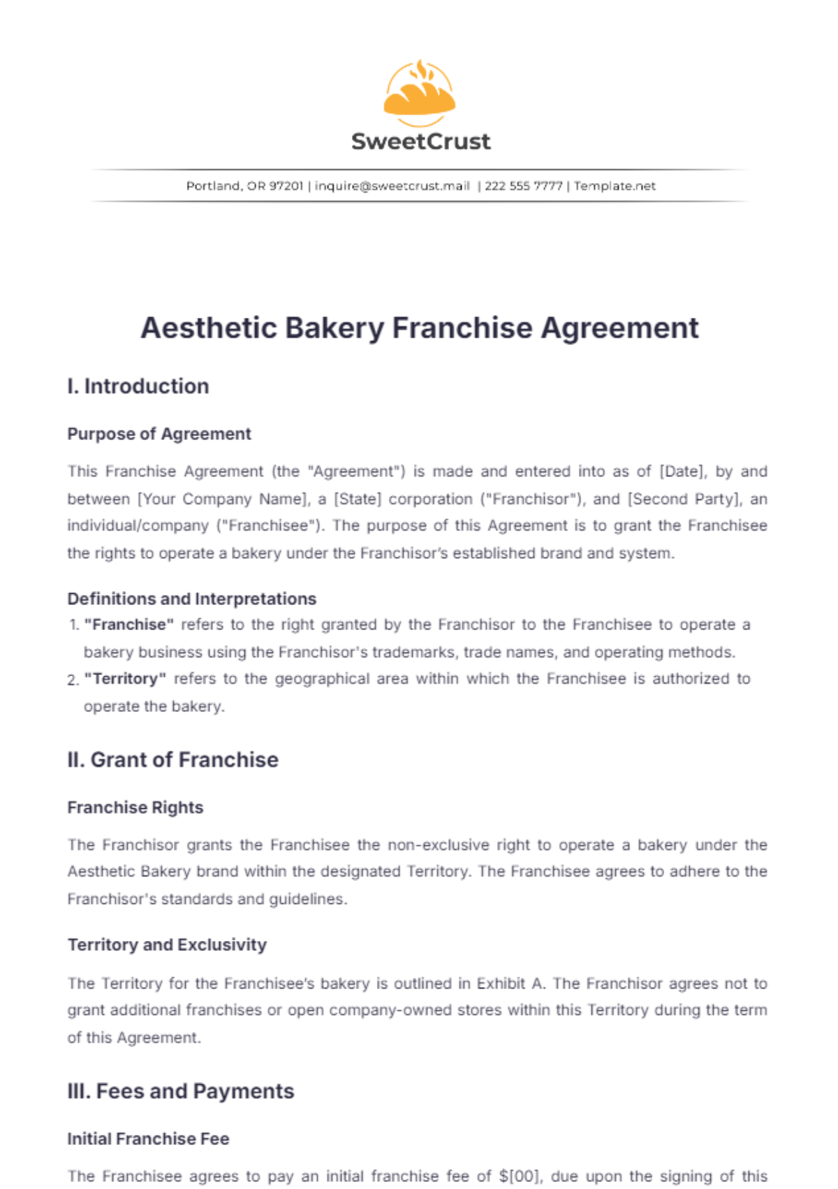 Aesthetic Bakery Franchise Agreement Template | Template.net