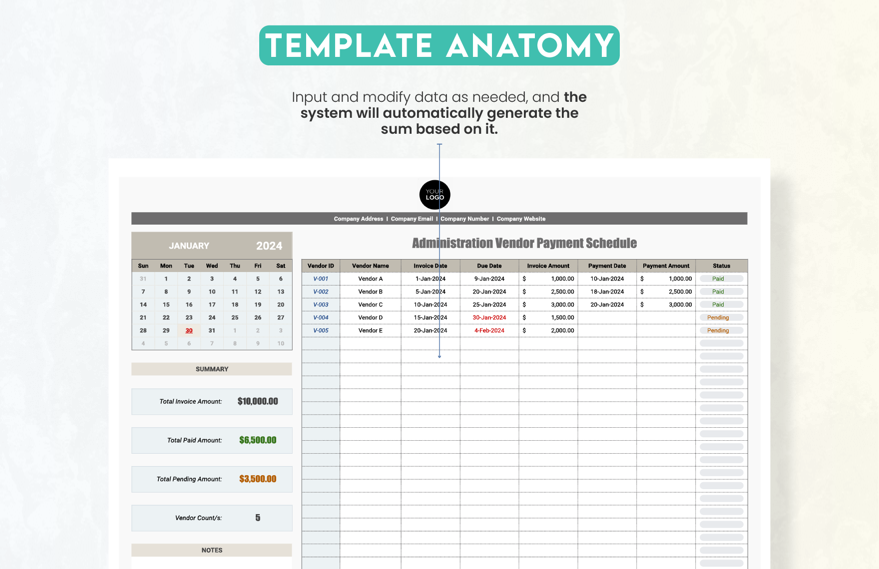 Administration Vendor Payment Schedule Template in Excel, Google Sheets ...