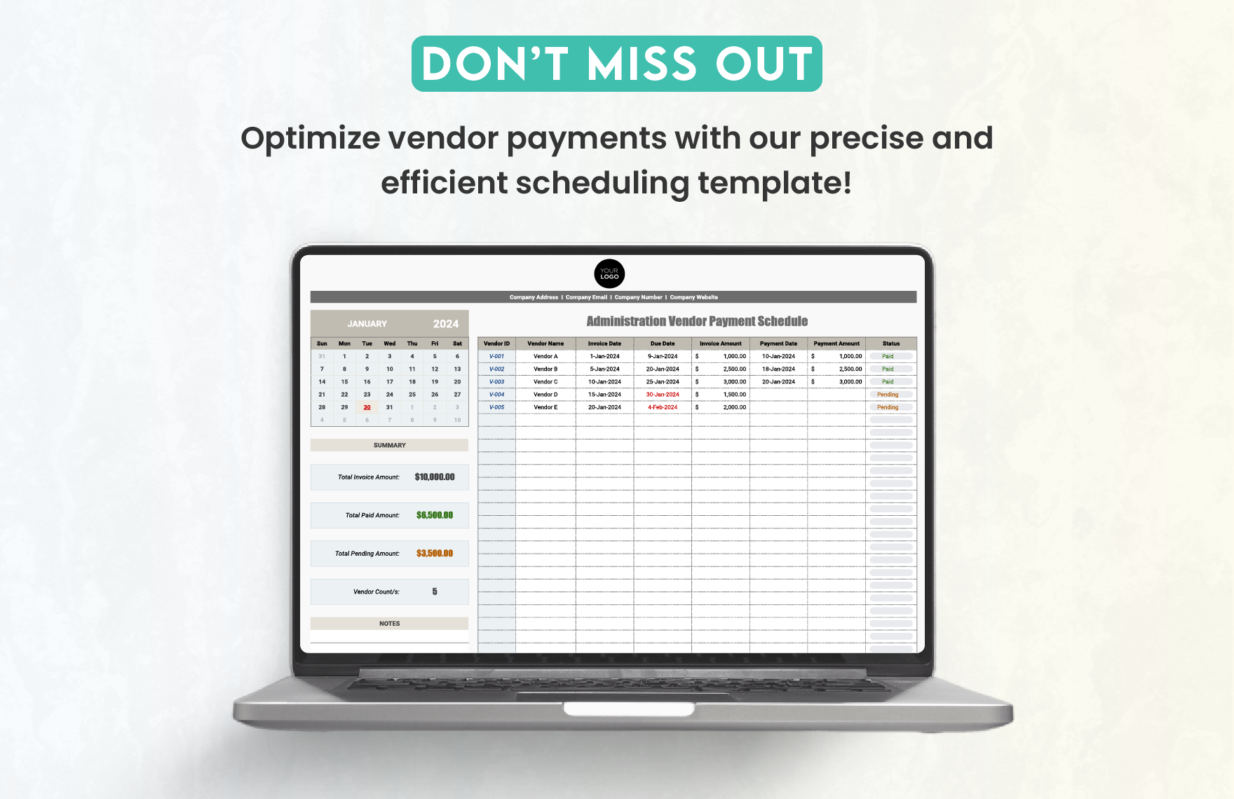 Administration Vendor Payment Schedule Template in Excel, Google Sheets ...