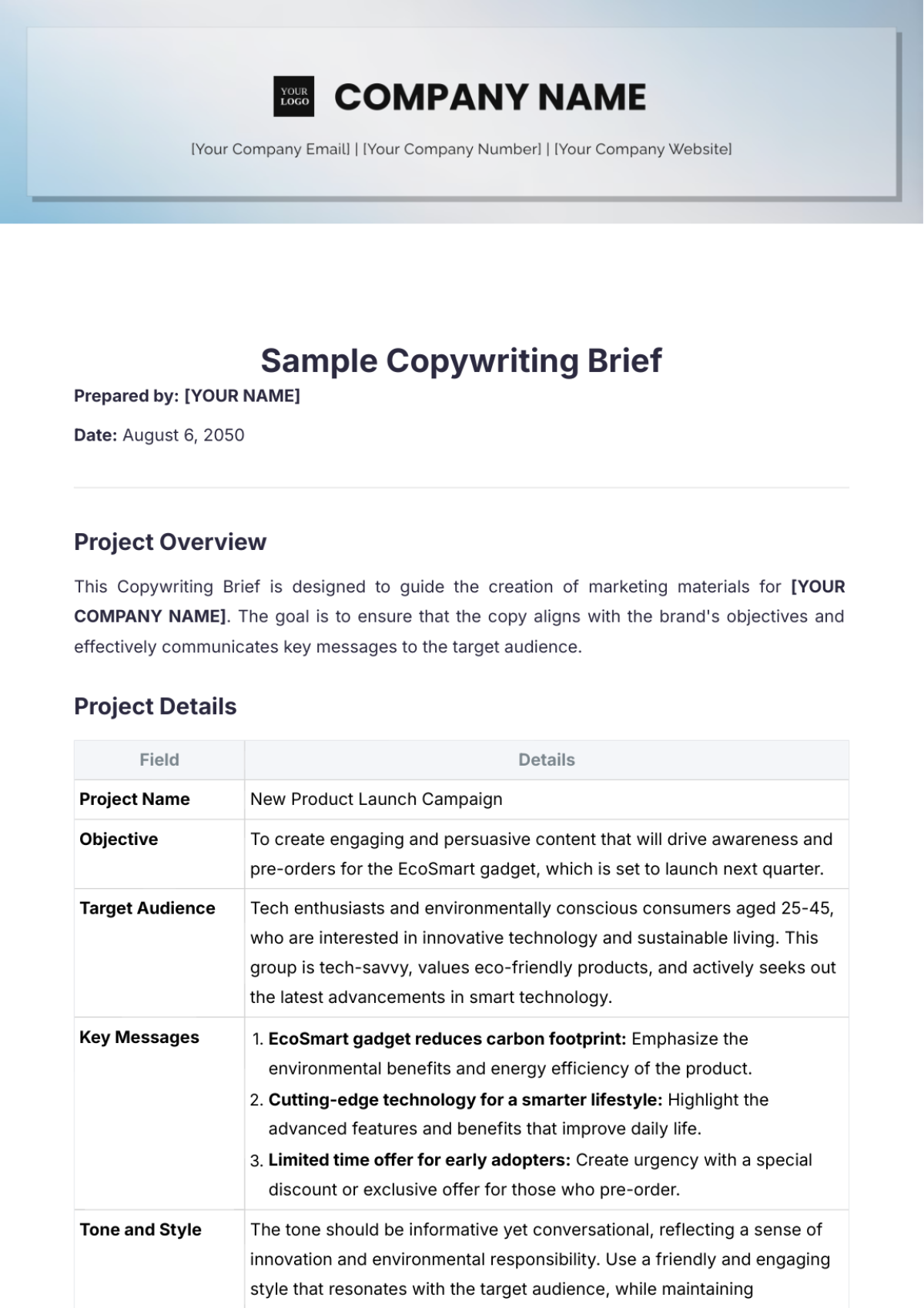 Sample Copywriting Brief Template - Edit Online & Download