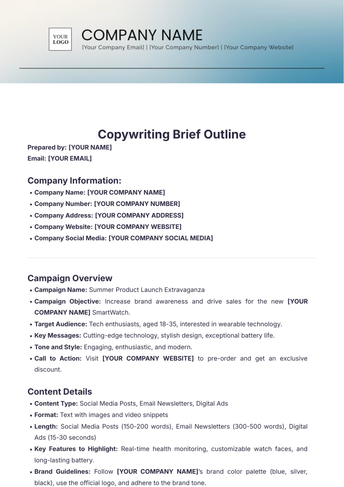 Copywriting Brief Outline Template - Edit Online & Download