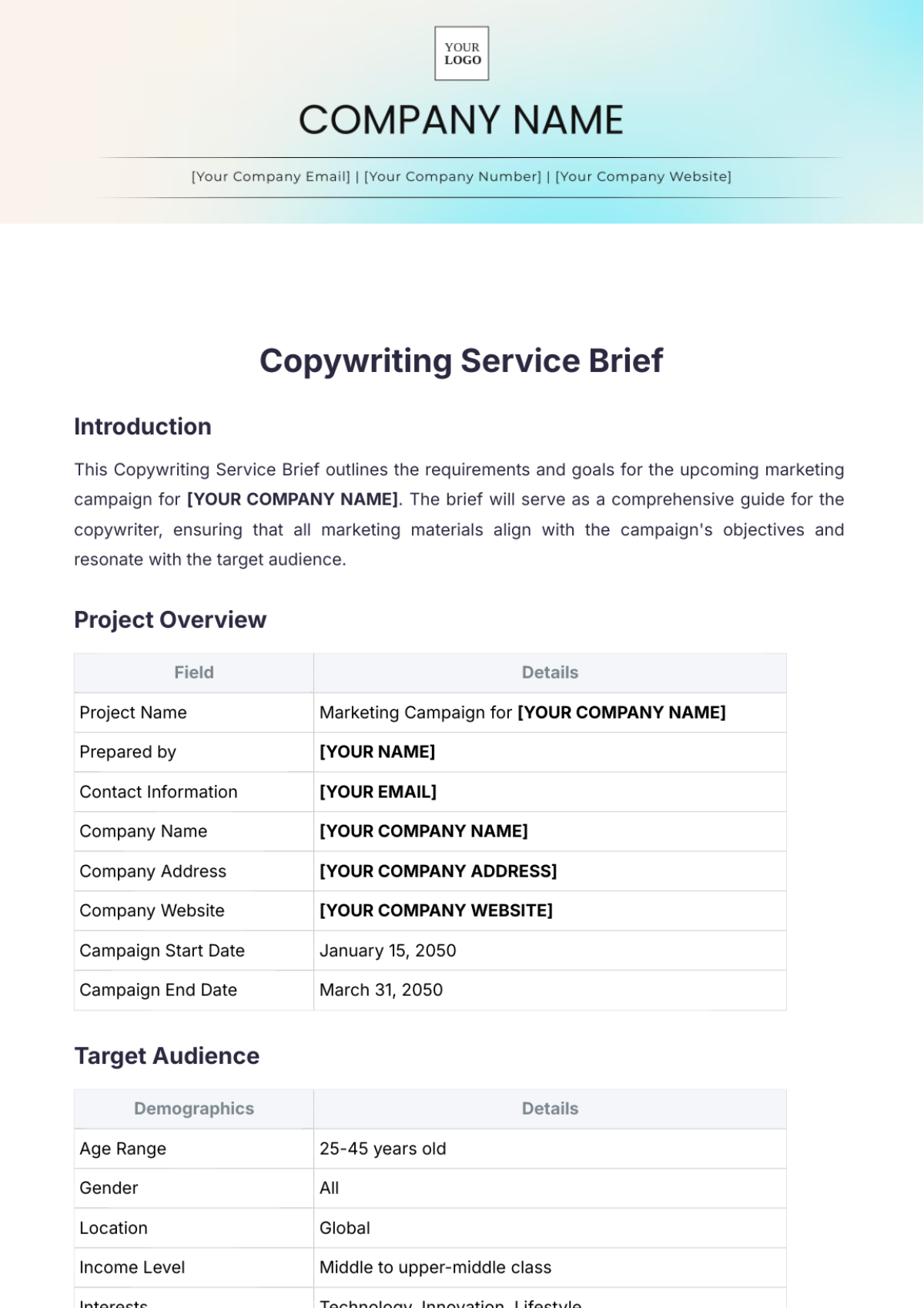 Copywriting Service Brief Template - Edit Online & Download