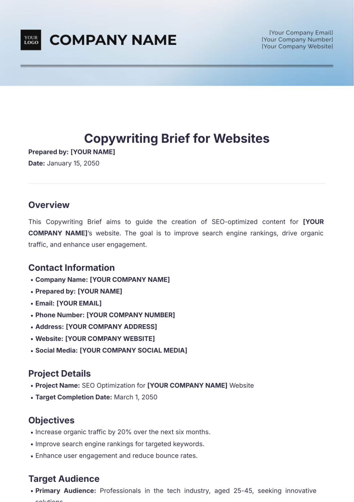 Copywriting Brief for Websites Template - Edit Online & Download