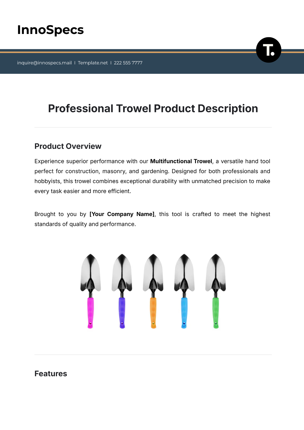 Professional Trowel Product Description Template - Edit Online & Download