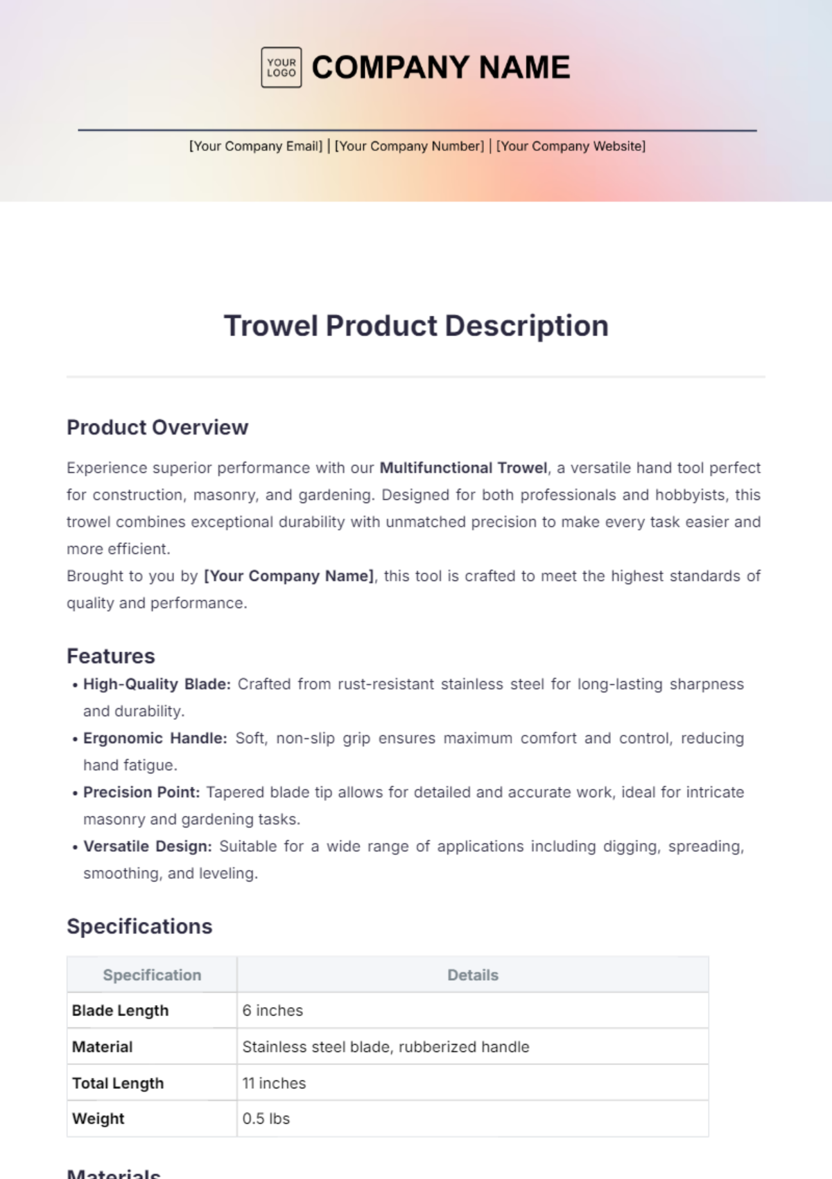 Trowel Product Description Template - Edit Online & Download