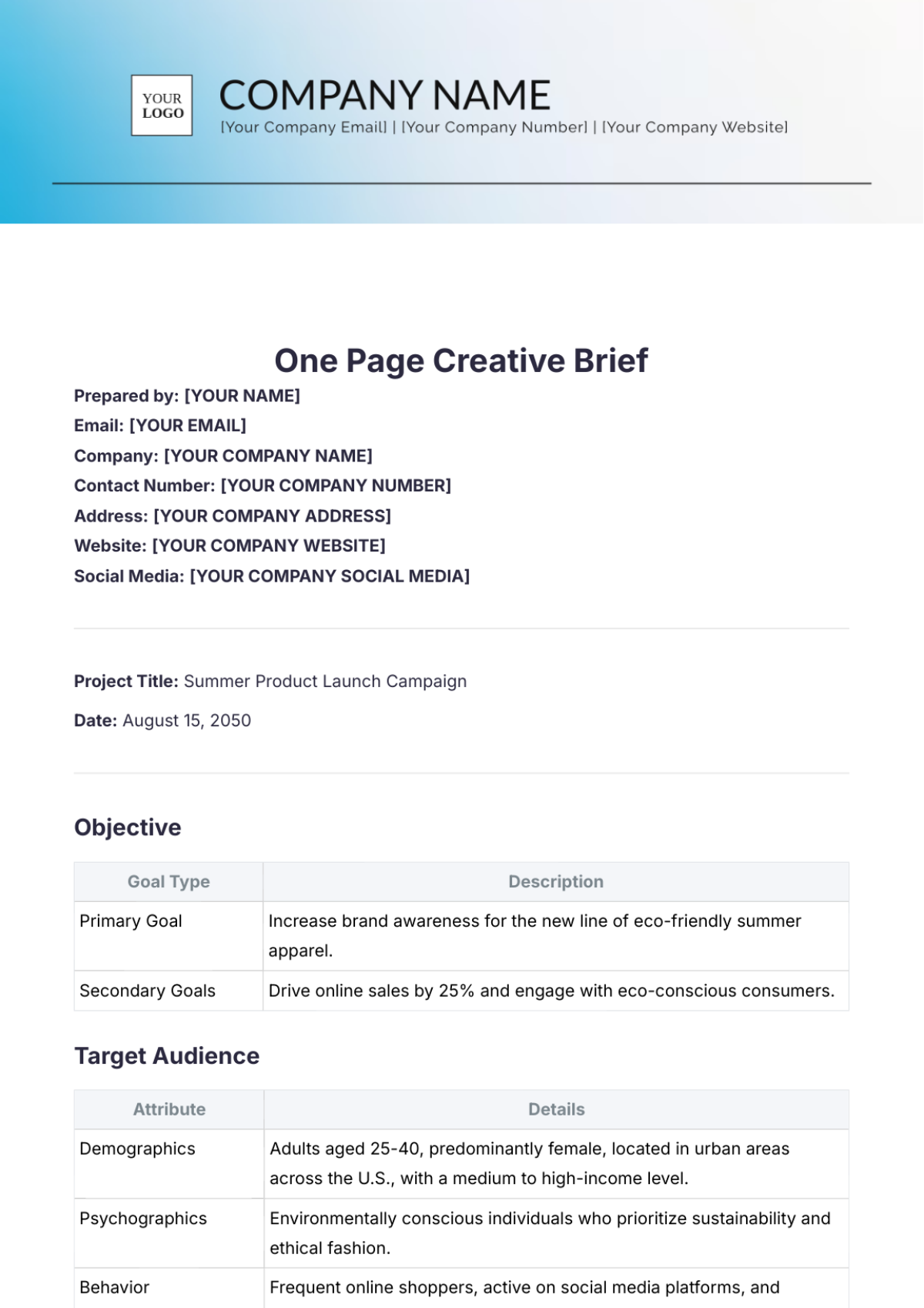 One Page Creative Brief Template - Edit Online & Download