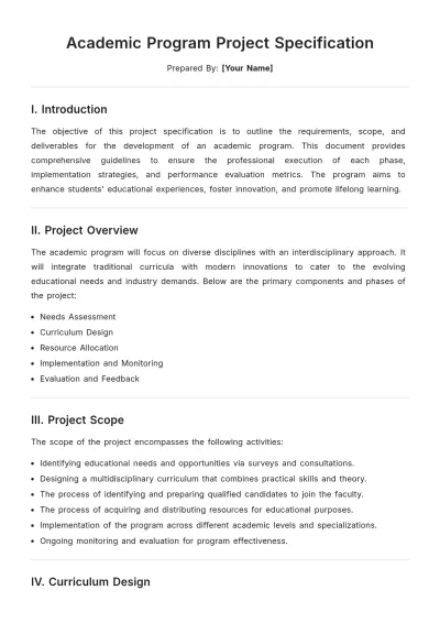 Free Academic Program Project Specification Template to Edit Online