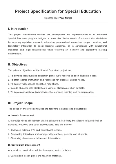 Free Project Specification for Special Education Template to Edit Online
