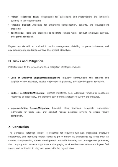 Free Company Retention Project Specification Template to Edit Online