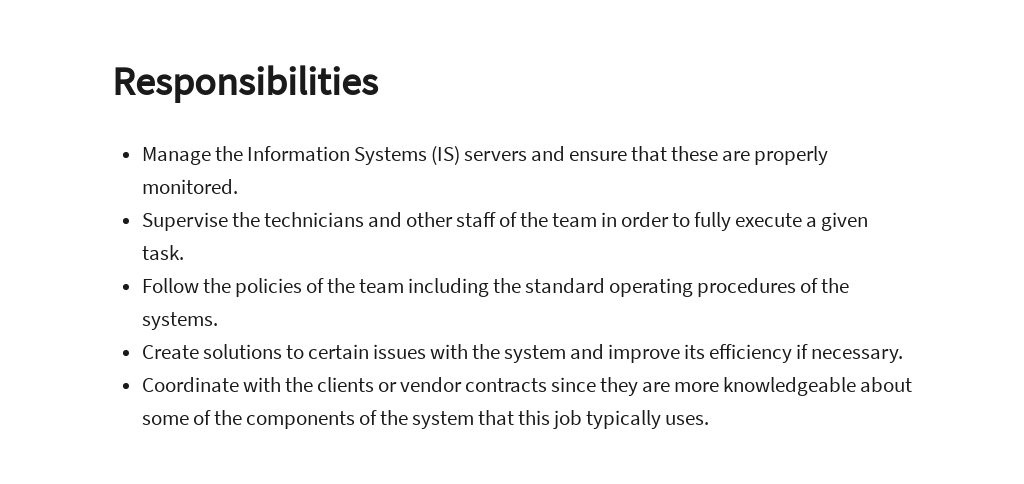 Information Systems Operations Manager Job Description