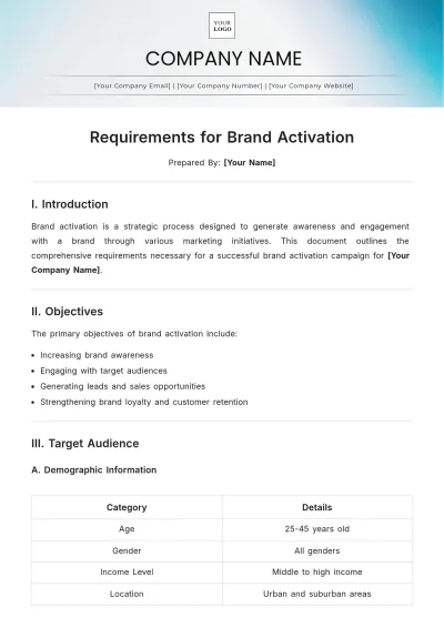 Free Requirements for Brand Activation Template to Edit Online