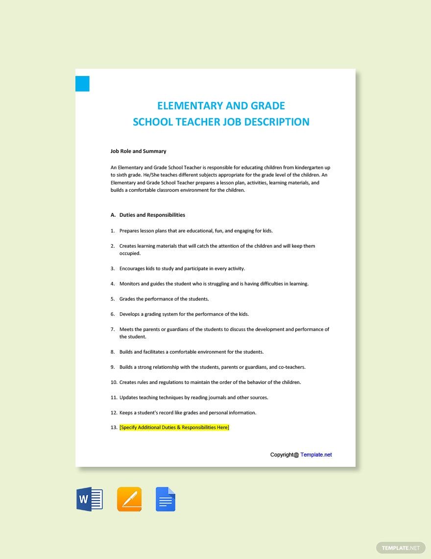 Elementary And Grade School Teacher Job Description Template Google 