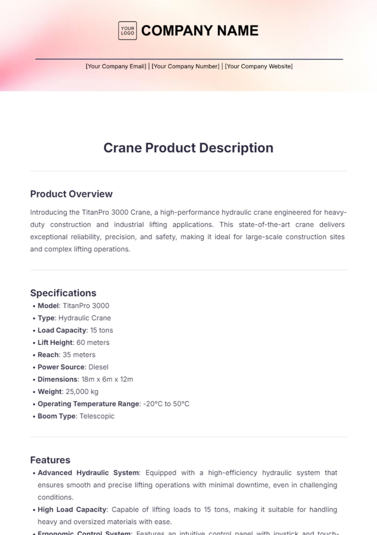 Crane Product Description Template - Edit Online & Download