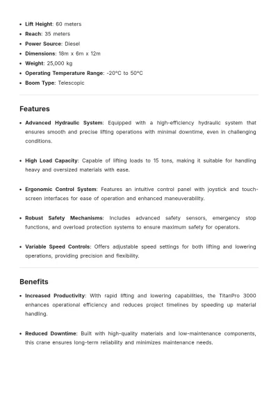 Free Crane Product Description Template to Edit Online