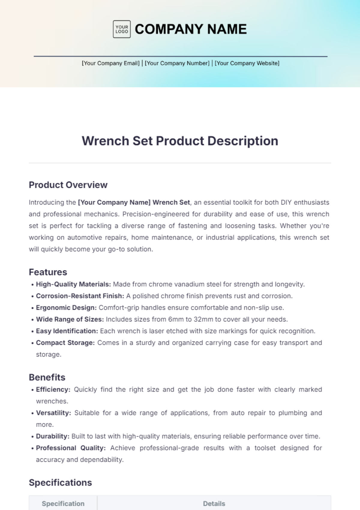 Wrench Set Product Description Template - Edit Online & Download