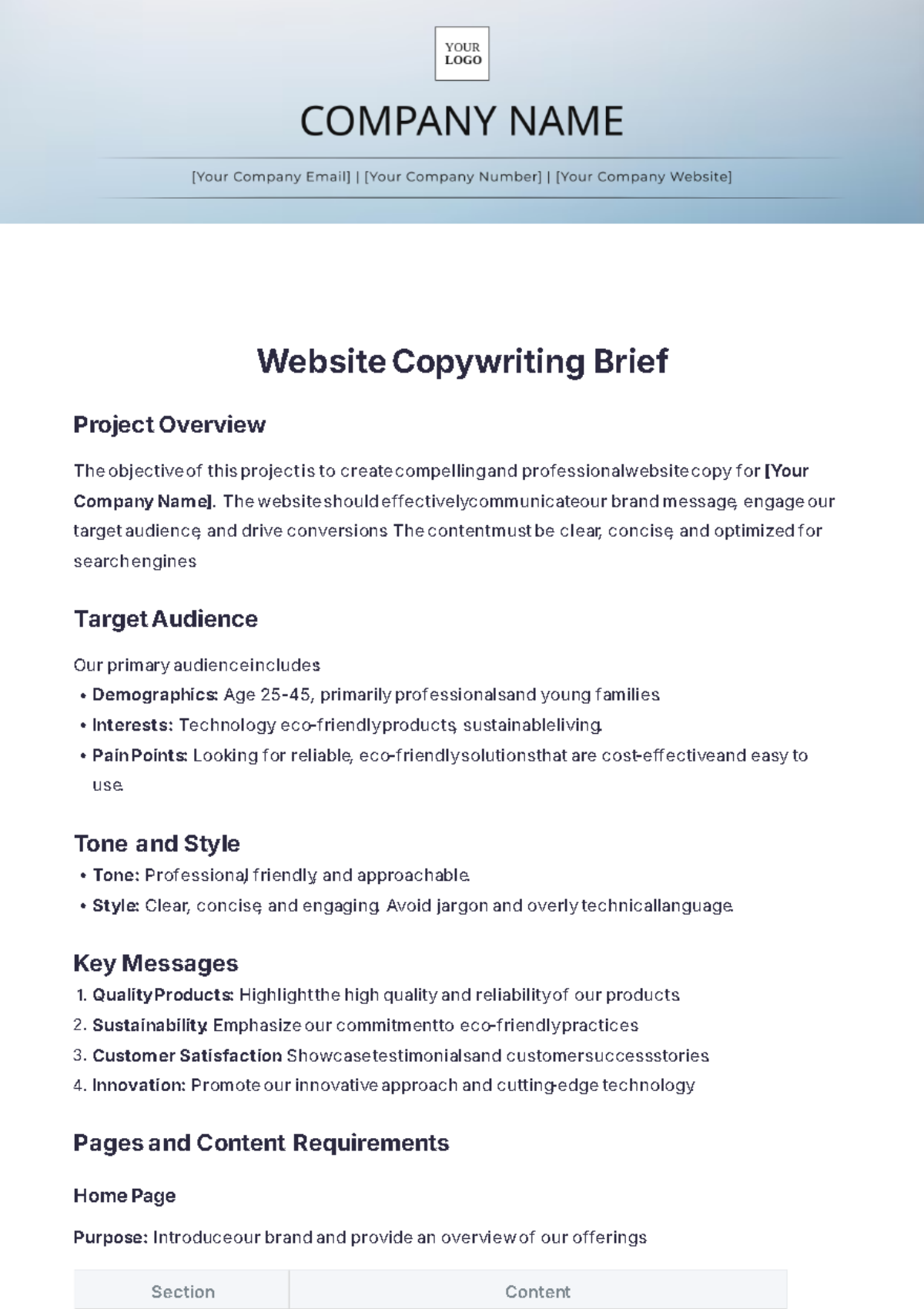 Website Copywriting Brief Template - Edit Online & Download