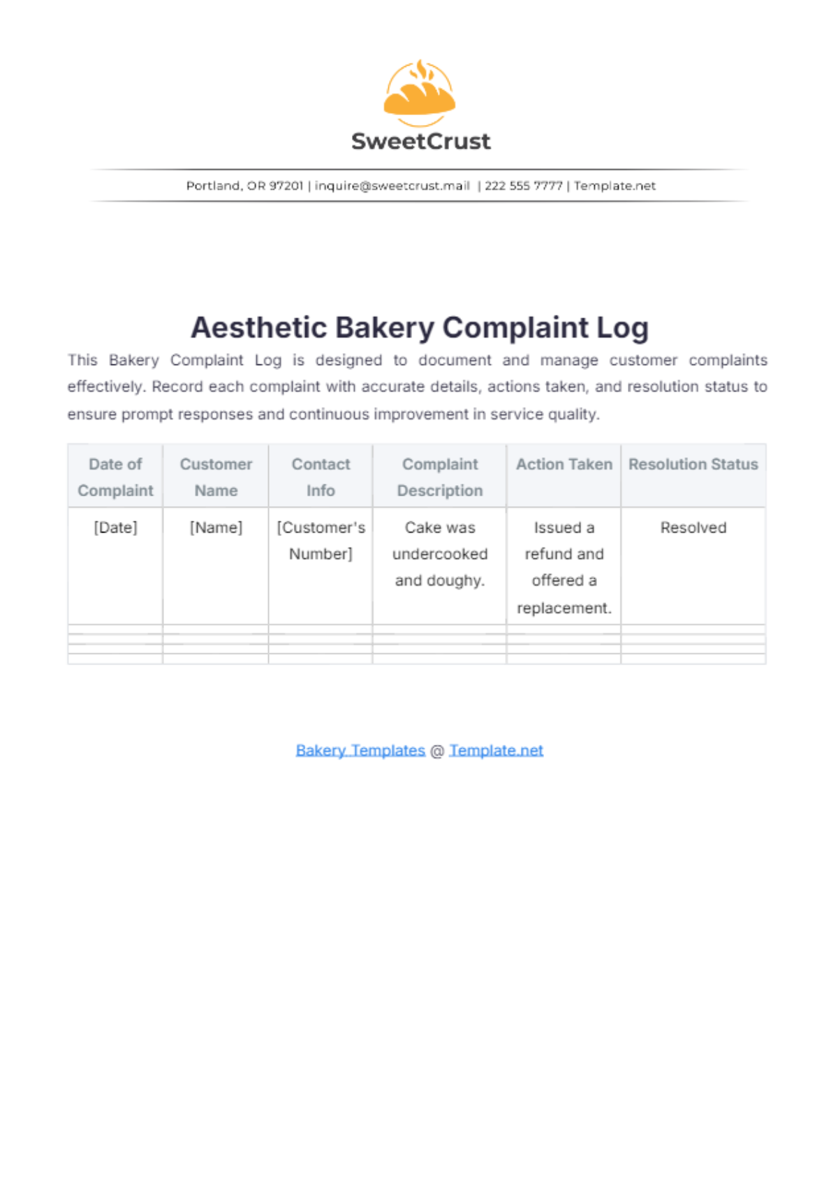 Aesthetic Bakery Complaint Log Template - Edit Online & Download