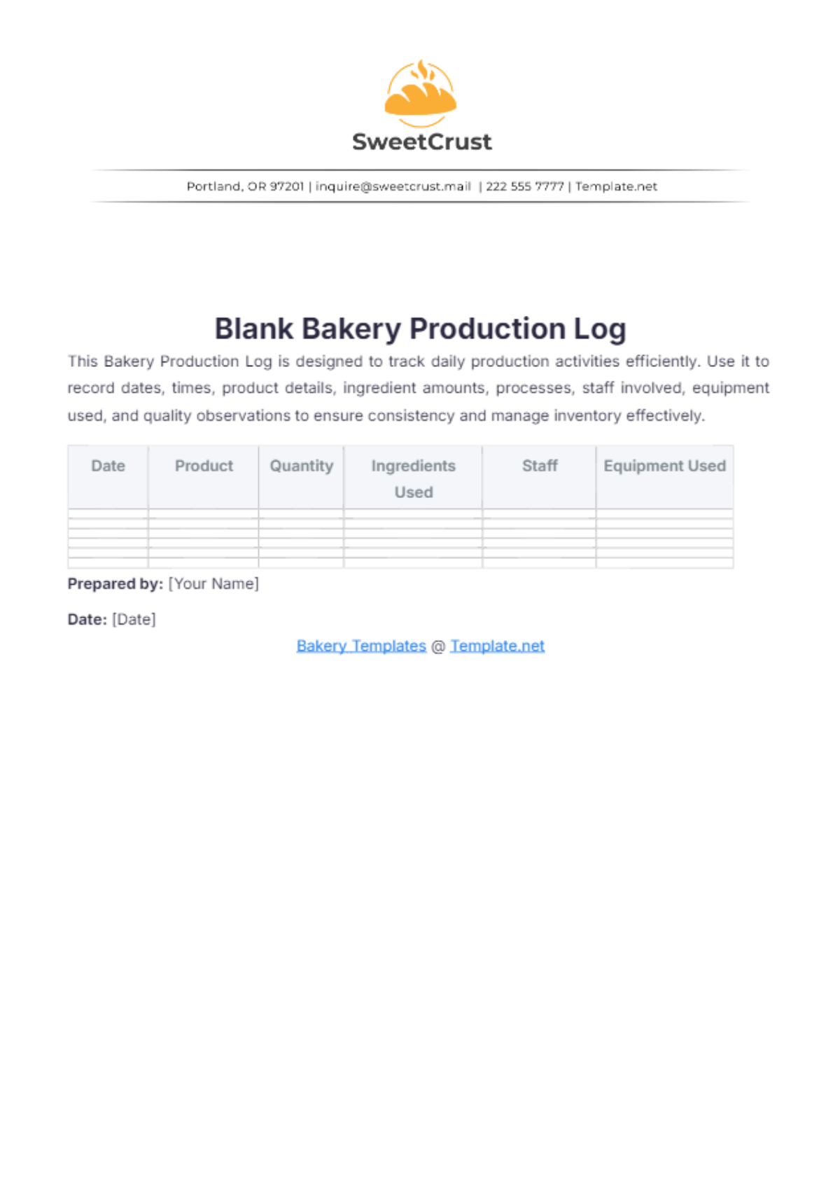 Blank Bakery Production Log Template - Edit Online & Download