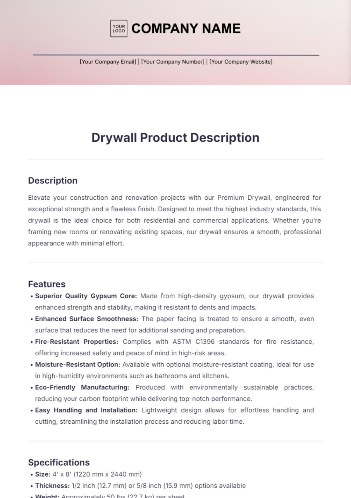 Drywall Product Description Template - Edit Online & Download