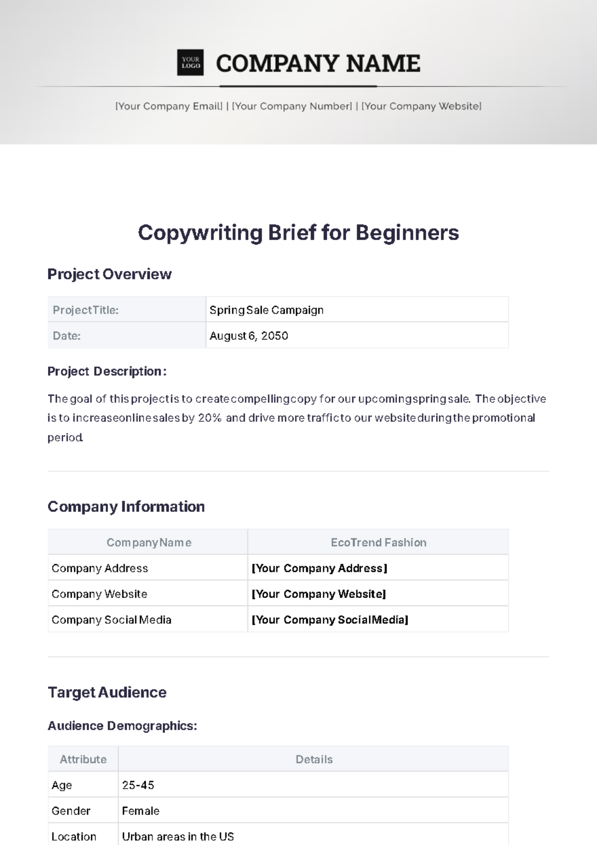 Copywriting Brief for Beginners Template - Edit Online & Download