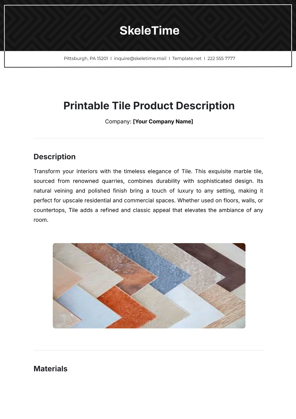 Printable Tile Product Description Template - Edit Online & Download