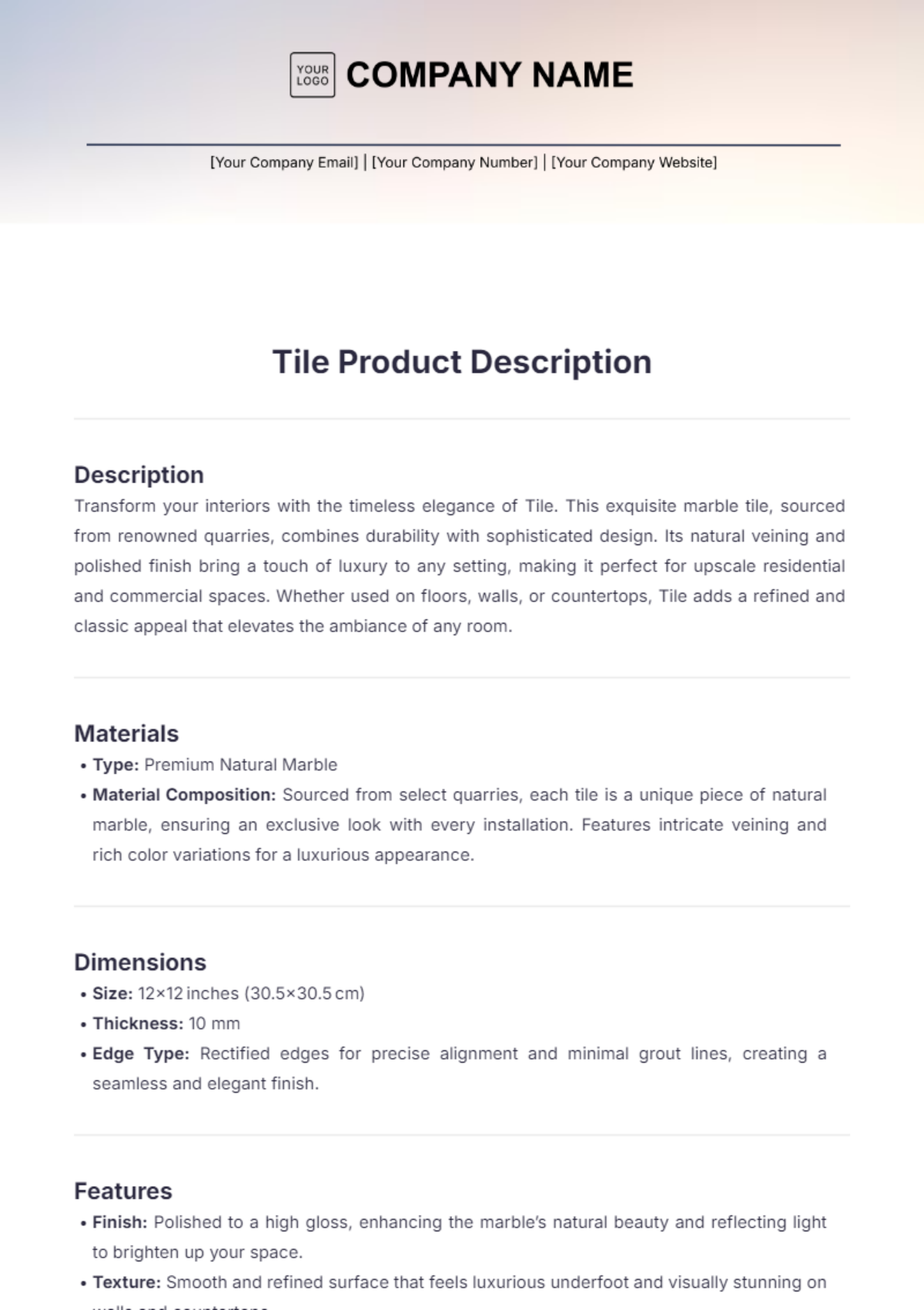 Tile Product Description Template - Edit Online & Download