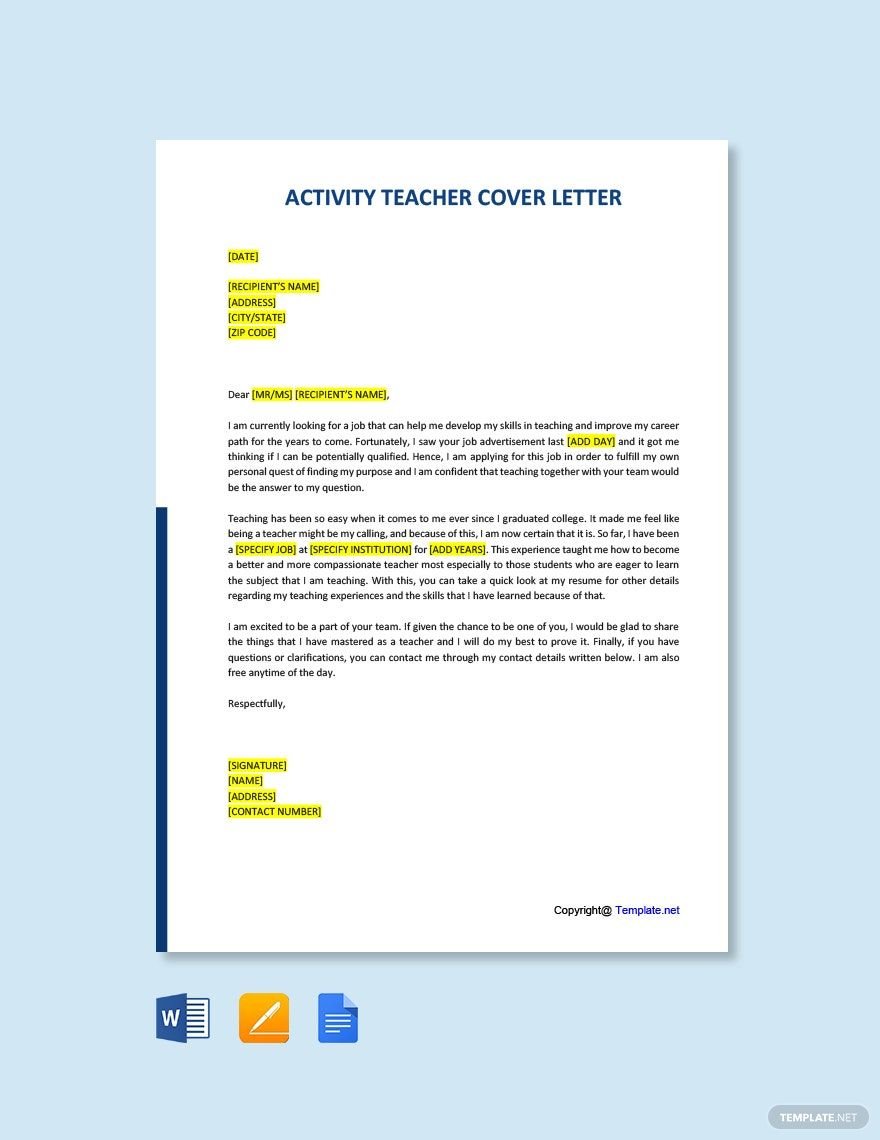 Activity Teacher Cover Letter Template