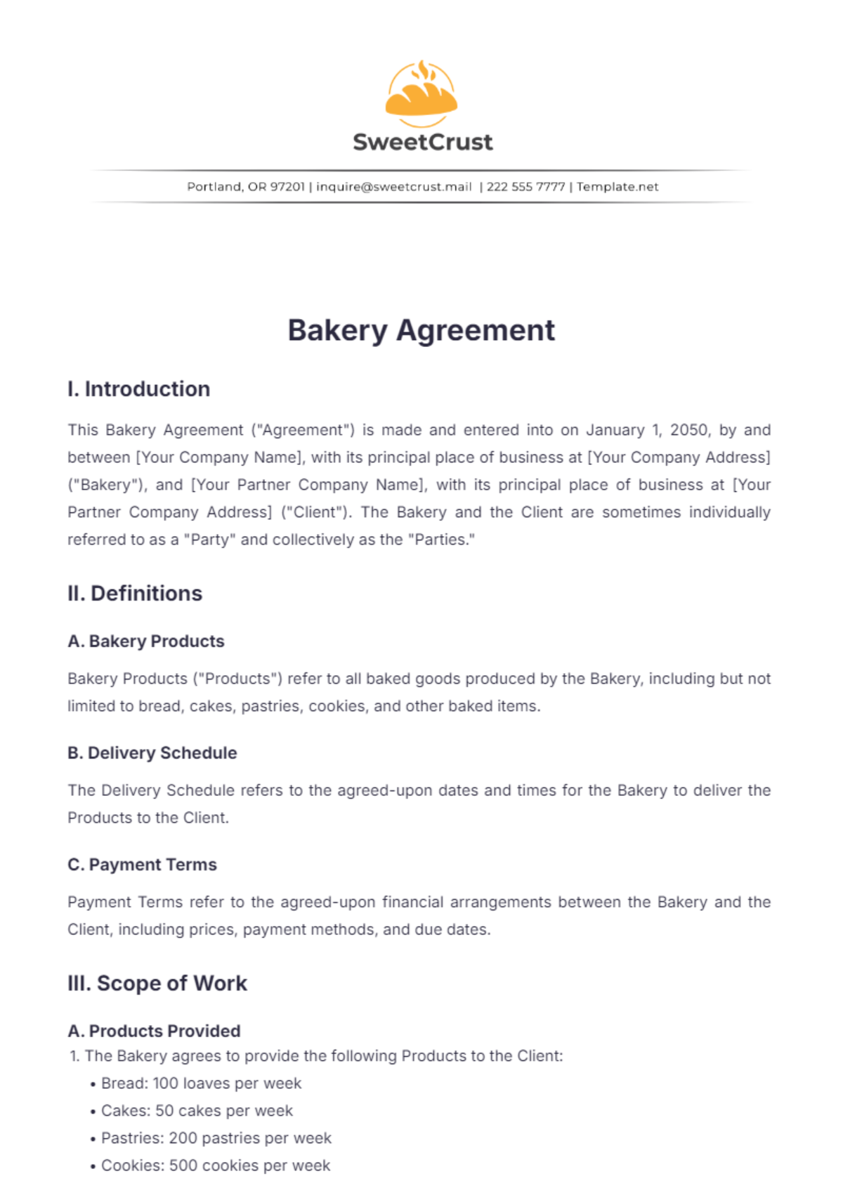 Bakery Agreement Template - Edit Online & Download