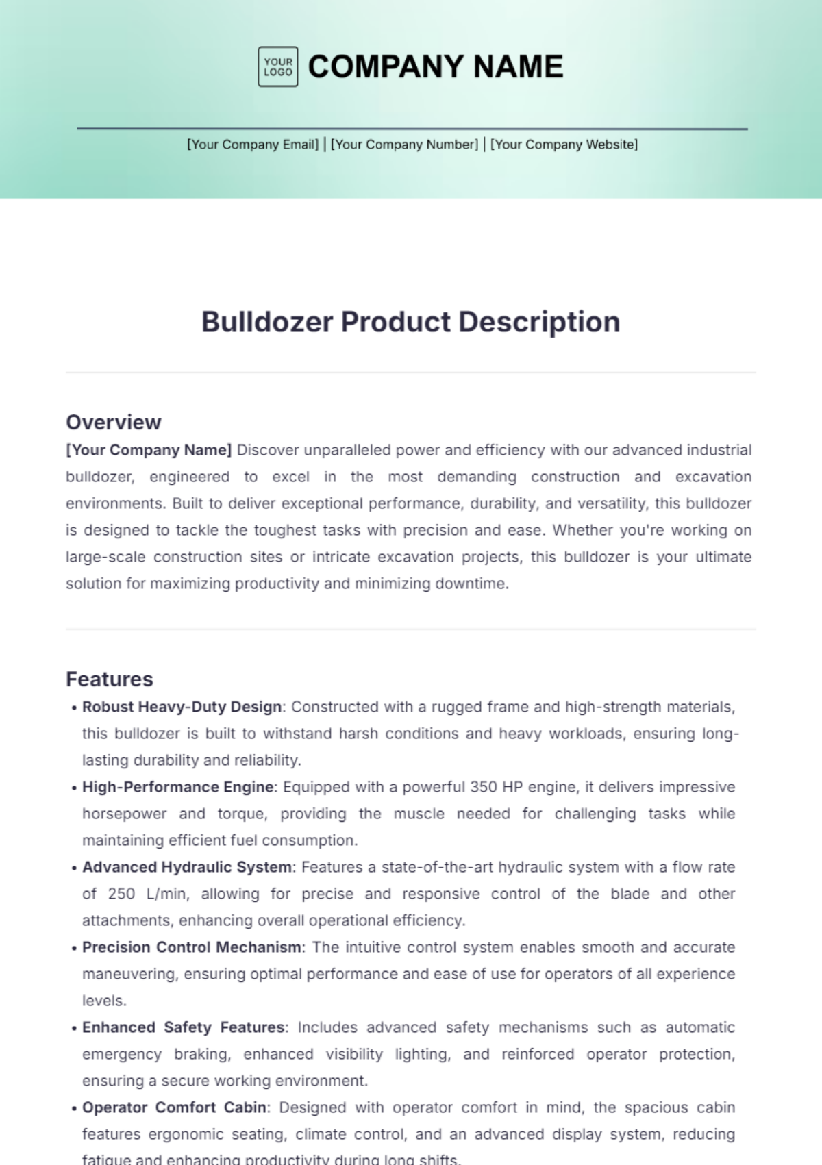 Bulldozer Product Description Template - Edit Online & Download