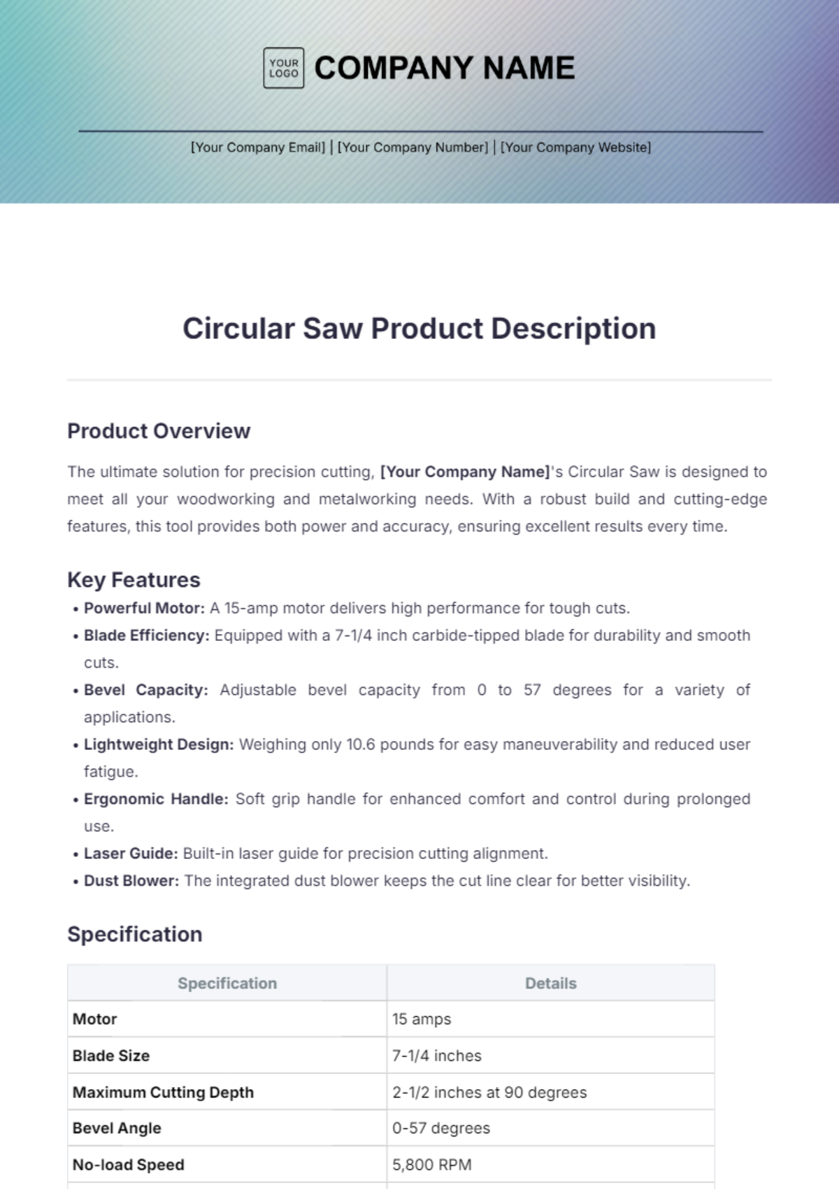 Circular Saw Product Description Template - Edit Online & Download