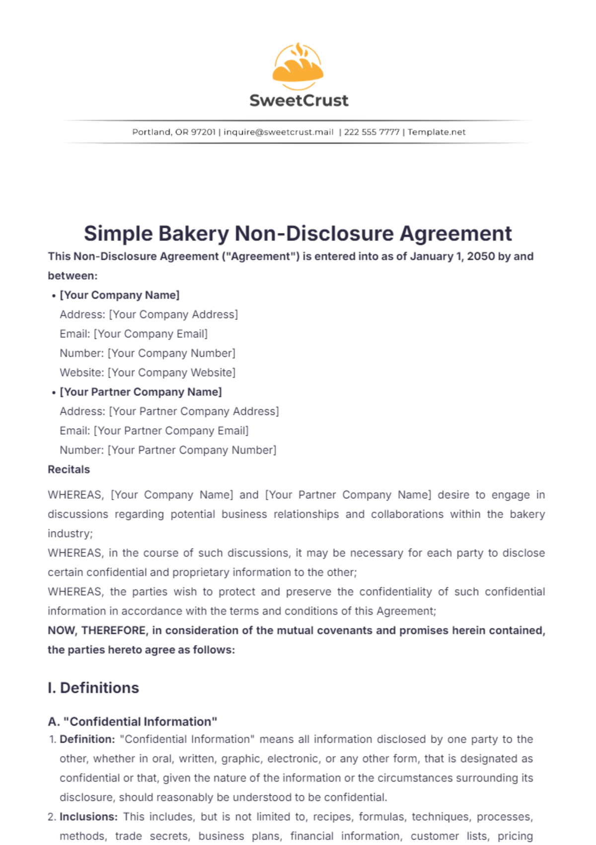 Simple Bakery Non-Disclosure Agreement Template - Edit Online & Download